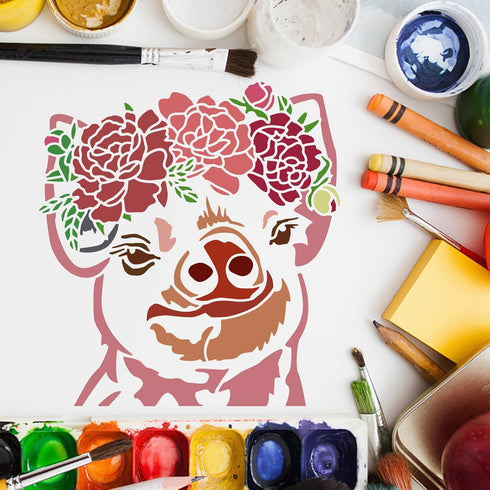 FINGERINSPIRE Pig and Flower Stencil 11.8x11.8inch Reusable Pig Pattern Stencil for Painting DIY Craft Farm Animal Decoration Stencil for Painting...