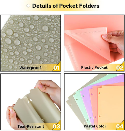 3 Ring Folders with Pockets, 5 Pcs Pastel File Folders with Business Card Holder, Letter Size Plastic Folders Aesthetic Binder Folders for Documen...