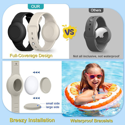 AirTag Case, Waterproof AirTag Bracelet & Necklace for Kids, Soft Silicone Air Tag Holder with Key Ring (Black+ Beige, White)......
