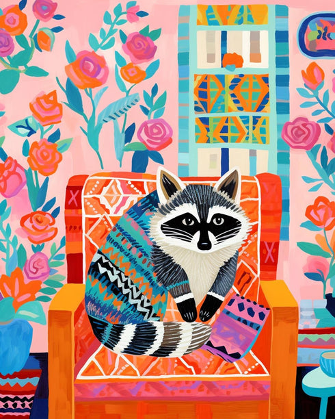 Raccoon Sitting on Chair Paint by Bumbers for Adults Colorful Pastel DIY Paint by Numbers Acrylic Paint Canvas Cute Animal Abstract Retro Style Ba...