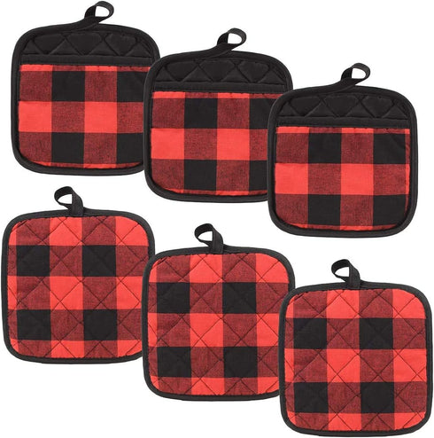 4/6 Pack Buffalo Check Plaid Pot Holders with Pocket,Kitchen Hot Pad Oven Mitts for Cooking and Baking Square 7.9" X 9.1" (Red, 6 Pack)...