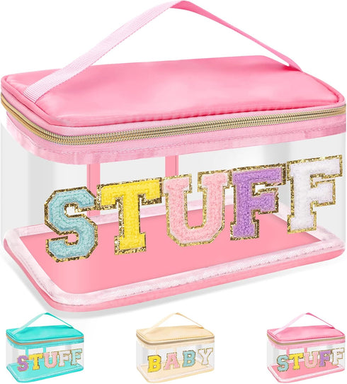 Chenille Letter Clear Makeup Bags Stuff Pouch, Preppy Patch Makeup Bag Zipper with Handle, Transparent PVC & Nylon Waterproof Glitter Cosmetic Han...