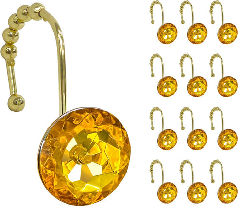 Sunlit Luxury Design Round Yellow Diamond Crystal Gem Bling with Glide Balls Shower Curtain Hooks, Rust Proof Metal Rhinestones Glam Shower Curtai...