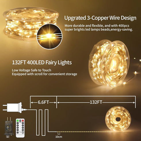 132FT 400 LED Fairy Lights Plug in Silver Wire Outdoor String Lights Waterproof Firefly Starry Lights with Remote Timer Twinkle Lights for Wedding...