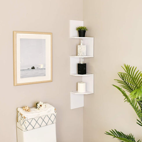 WELLAND Zig - Zag Floating Corner Shelves, 4-Tier Wall Mounted Storage Shelf with White Finish for Bedroom, Living Room, Bathroom, Display Shelf f...