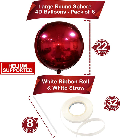 KatchOn, Huge Metallic Red Balloons - 22 Inch, Pack of 6 | Round 4D Mylar Balloon for Red Party Decorations | Burgandy Balloons for Birthday, Anni...