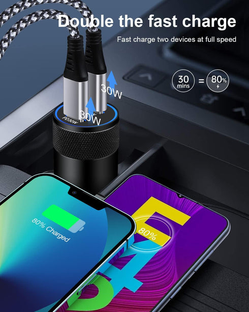 60W USB C Car Charger, 2 Pack AILKIN USB C Cigarette Lighter Adapter Fast Charging Dual Port PD3.0 Type C Car Charger Plug Compatible with iPhone ...