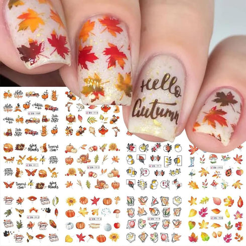 Fall Leaf Nail Art Stickers, Autumn Nail Decals Maple Leaf Nail Supplies Pumpkins Turkeys Squirrels Water Transfer Nail Stickers Fall Nail Accesso...