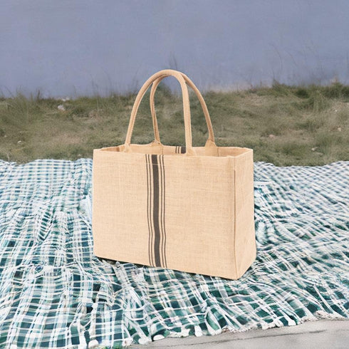 KAF Home Jute Market Tote Bag with Handles, Triple Stripe...