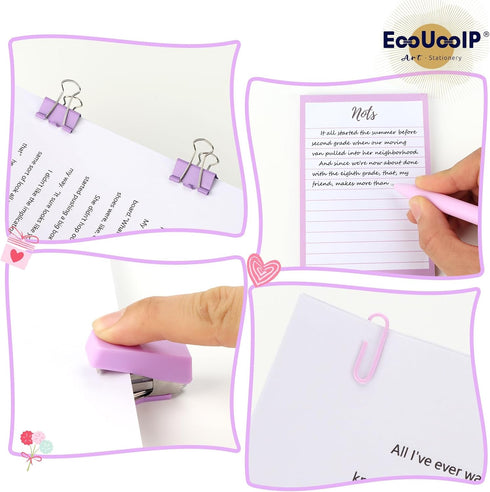 EooUooIP Desk Accessories Binding Set,Practical and Beautiful Lavender PurpleOffice Supplies Set,Stapler Hole Puncher Paper Clips and Ballpoint Pe...