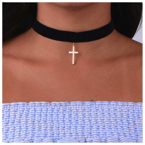 Gothic Velvet Choker Necklace Cross Pendant Necklace Short Suede Collar Necklace Black Wide Choker Necklace Jewelry for Women and Girls...