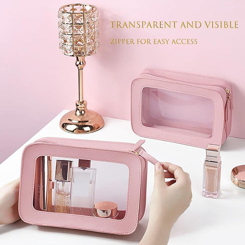 Clear and Waterproof Makeup Bag Portable Travel Cosmetic Case Organizer for Women Toiletry Pouch with Transparent Vinyl Windows & Zippers (Pink).....
