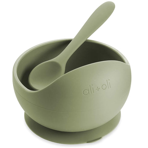 Ali+Oli Silicone Suction Bowl and Spoon Set (Sage, Original) - Unbreakable for 6 Months and Up, Self Feeding Utensils, First Stage Baby Feeding Su...