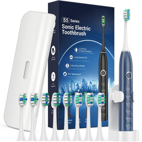 Electric Toothbrush for Adults with 8 Brush Heads, Sonic Toothbrush Rechargeable with a Holder & Travel Case, 2.5 Hours Charge for 120 Days Use - ...