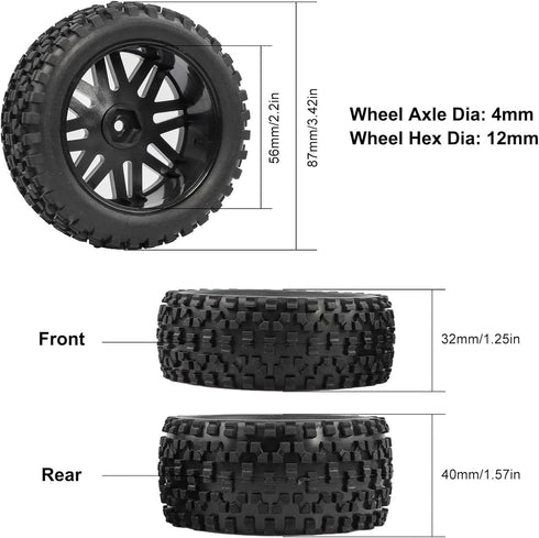 4P 12mm Hex RC Buggy Solid Wheel and Rubber Tires OD 87mm for 1/10 1/12 1/14 HSP HPI Hobao WLtoys Tamiya Off-Road Car...