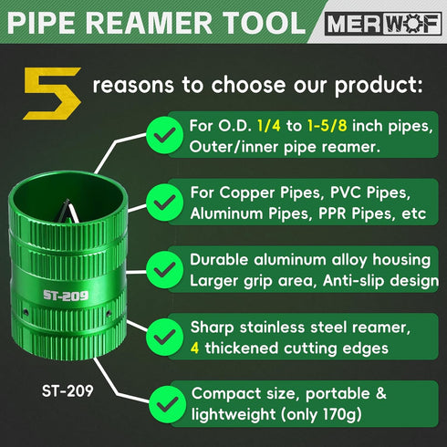 Metal Pipe Reamer for Copper PVC Pipe, Deburring Tool, PlumbingTools, 1/4” to 1-5/8” Inner/Outer Tubing Cleaner, Tube Chamfering Tool (Green)...
