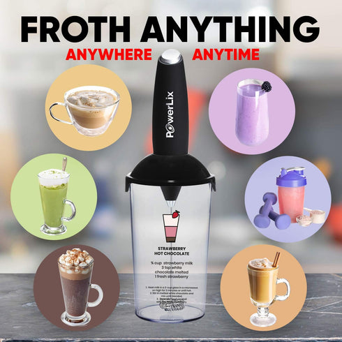POWERLIX Milk Frother Handheld Battery Operated Electric Foam Maker For Coffee, Latte, Frappe, Matcha, Drink Mixer With Stainless Steel Double Whi...