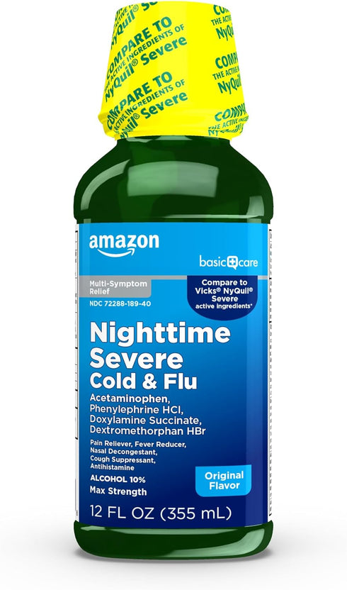 Amazon Basic Care Nighttime Severe Cold & Flu Liquid, Original, 12 fl oz (Pack of 1)...
