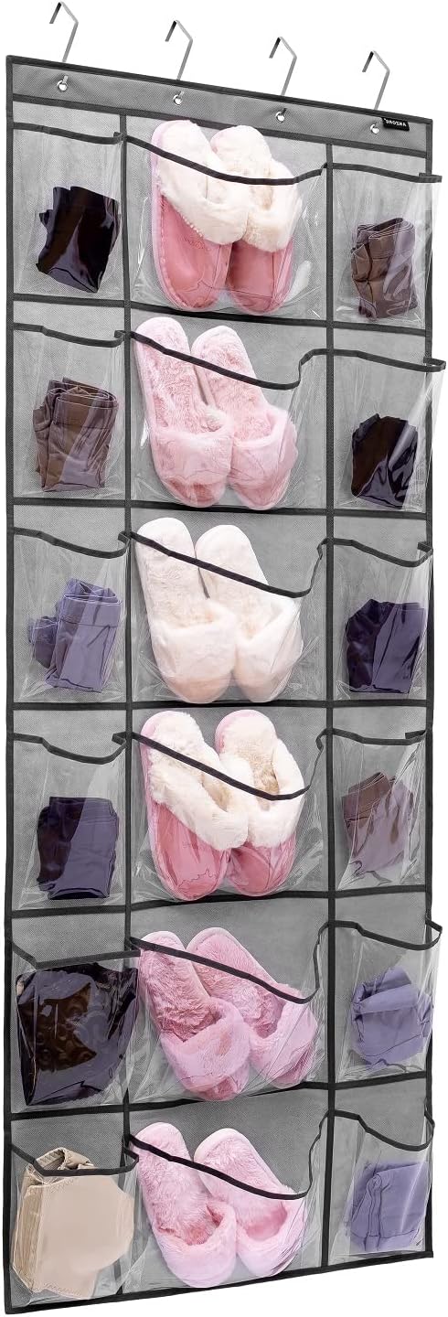 Over The Door Hanging Shoe Rack Organizer 18 Pockets Organizer with 6 Extra Large Clear Pockets for Shoe Holder Storage (18 Pockets-Grey)...