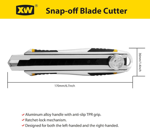XW Snap-off Utility Knife,18mm Razor Blade Heavy Duty Aluminum Alloy Box Cutter with Ratchet-Lock, Total 12 Black Blades, 2-Pack...