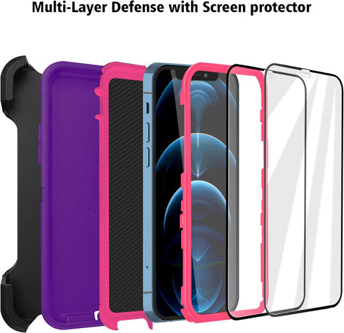 Defense iPhone 12 Case iPhone 12 Pro Case with Two Screen Protector Layer Rugged Heavy Duty Cases for iPhone 12/ iPhone Pro,6.1 inch 2020 (Light P...