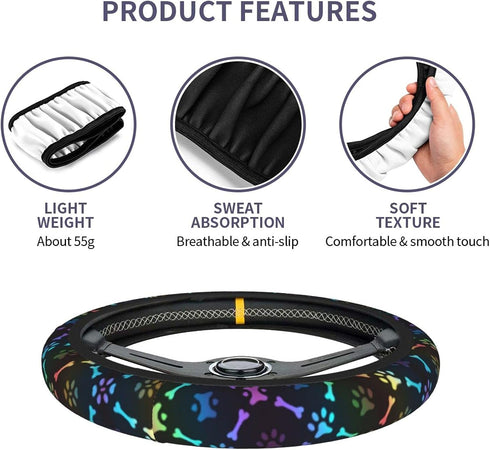 Black Rainbow Dog Paw Print Steering Wheel Cover Colorful Cute Bones Stearing Wheeler Covers Cooling Sterringwheelcovers Cool Girl Stering Coverin...
