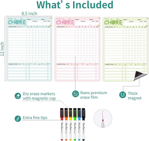 CLEVER CLEAN Magnetic Dry Erase Chore Chart - 8.5"x12" Behavior Responsibility Chore Board for Kids, Teenagers - 6 Extra Fine Point Markers Includ...