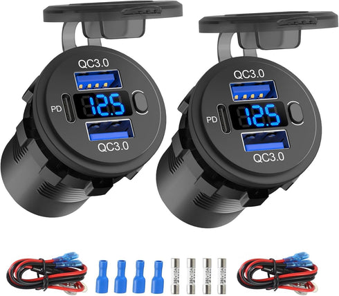 2 Pack 12 Volt USB Outlet Dual Quick Charge 3.0 Port and PD3.0 USB C Car Battery Chargers Socket, Waterproof 12V Power Outlet Cigarette Lighter Re...