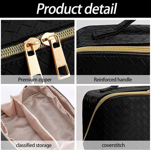 Travel Cosmetic Bag Large Capacity Make Up Bag PU Leather Waterproof Portable with Handle and Divider Multifunctional Bag (Black-braid)...