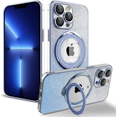 for iPhone 12 Pro Case Glitter with Rotatable Ring Stand Compatible with MagSafe, Plating Bling Clear Case with Camera Lens Protector Slim Phone C...