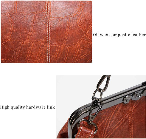 Segater® Women Retro Hollow Oil Wax PU Leather Handbag Kiss Lock Crossbody Purse Vintage Messenger Bag Tote...