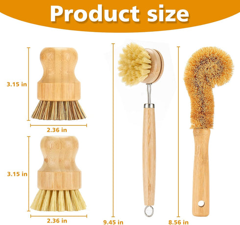 Bamboo Dish Brushes Sets 4 Tools in One Kitchen Clean Dish Scrubber for Pots Pans Bottles with Natural Bristles (Bamboo Brushes Sets)...