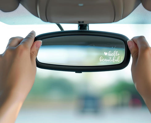 3 x Hello Beautiful Rearview Mirror Decal, Rear View Mirror Accessories, Car Decals, Car Stickers, Vanity Mirror Stickers, Gift for Him/Her - Whit...