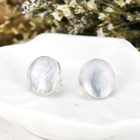 AeraVida Nice Round White Mother of Pearl .925 Sterling Silver Stud Earrings | Elegant Sterling Silver Stud Earring for women | 13 mm Width...