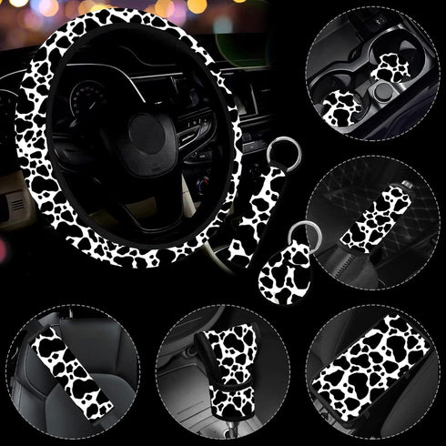 10 Pieces Cow Car Steering Wheel Cover Center Console Armrest Pad Headrest Seat Belt Cover Handbrake Cover Keychain Coaster Full Set Car SUV(Cow)...