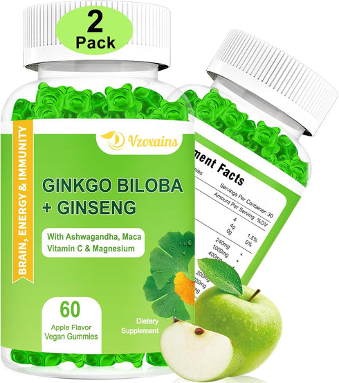 2 Pack Ginkgo Biloba Gummies with Ginseng Maca Root & Magnesium Organic Ginko Biloba Supplements Gummies for Brain Focus Energy Mood Memory - Adul...