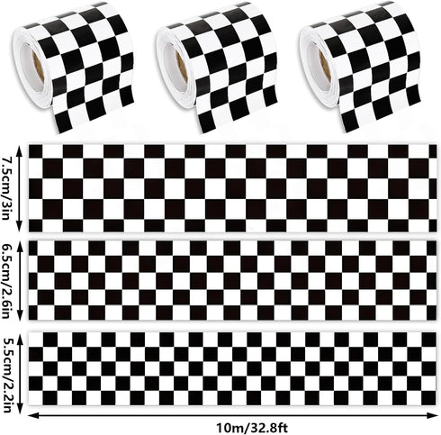 Whaline 98.4ft Checkered Bulletin Board Borders 3 Sizes White Black Checkered Die-Cut Bulletin Board Stripes Plaid Rolled Bulletin Board Trim for ...