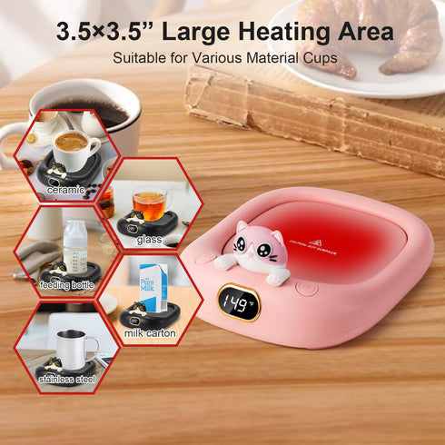 Cute Cat Coffee Mug Beverage Warmer, Electric Cup Warmer for Milk Tea Water fit Desk Home Office, Candle Warmer Plate with 3 Temp. Setting Up to 1...