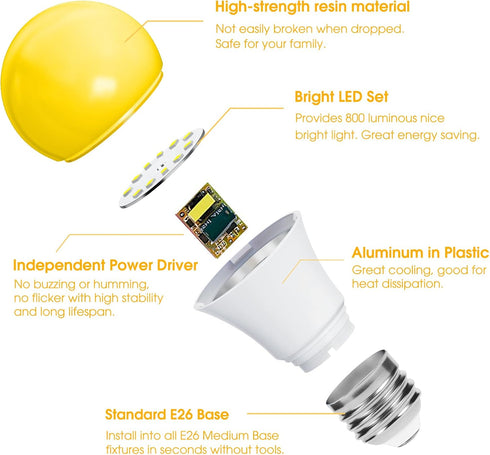 Yellow LED Bug Light Bulbs Outside, A19 LED Yellow Bug Bulb Outdoor 60W Equivalent, 9W Yellow Amber Bug Lights E26 Base Porch Lights, Non-Dimmable...