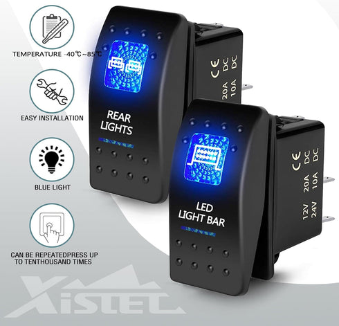 Xislet 2Pcs UTV Rocker Switch 12V 20A 3-Pin Blue LED Marine Rocker Switch for Polaris RZR Ranger 570-1000 XP SXS Maverick X3 Pioneer ATV Golf Cart...