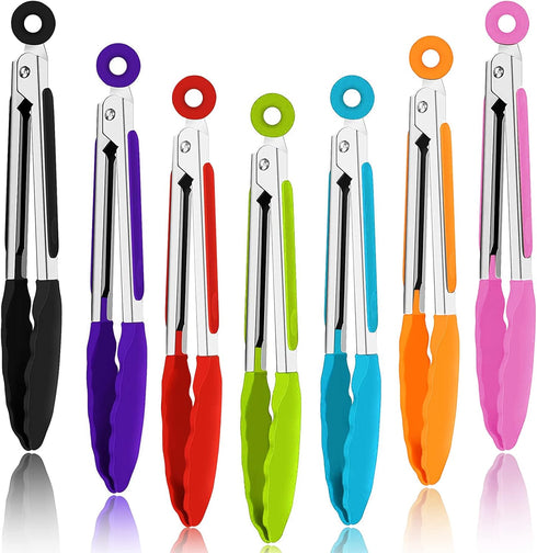 7Pack Kitchen Tongs,7 Inch Small Silicone Tongs with Stainless Steel Silicon Handles and Nylon Tips,Heat Resistant Non-Stick Cooking Tongs,Mini Lo...