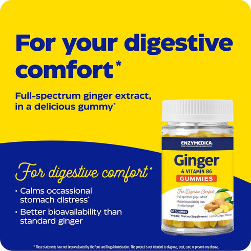 Enzymedica, Ginger & Vitamin B6 Gummies, Support for Occasional Nausea & Indigestion, High Potency, Equivalent to 200 mg Ginger Extract, 60 Count...