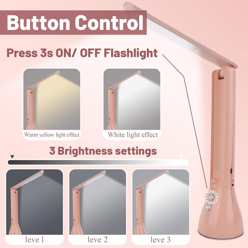 2-in-1 LED Desk Lamp Base with Flashlight for Home Office, Rechargeable, 3 Lighting Modes, Foldable Portable Light Cordless Table Bedside lamps...