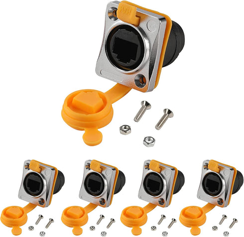 5PCS RJ45 Panel Mount Coupler, D-Type RJ45 Panel Connector, CAT6/5E/CAT5 Female to Female LAN Network Bulkhead Pass Through Socket with Cap...