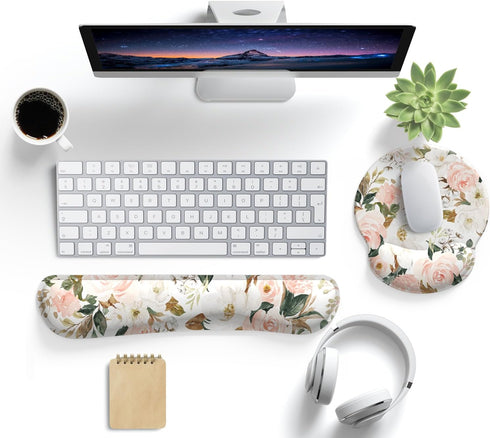 Pink Flower Desktop Mat Aesthetic Wrist Support Keyboard Mouse Wrist Rest Set, Computer Office Comfortable Wrist Rest for Mouse Easy Typing & Pain...
