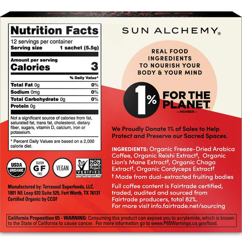 Sun Alchemy Mushroom Coffee, Energize with Organic Fair-Trade Coffee, Lion’s Mane, Reishi, Chaga & Cordyceps Mushrooms - 12 Sachets...