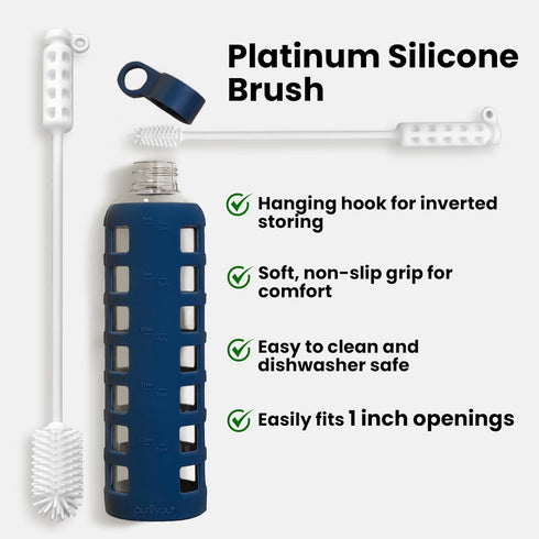 purifyou Platinum Silicone Water Bottle Cleaner Brush, Extra Long Handle 16 inch, with Cap Brush for Tumblers, Drinking Glasses, Vase - Perfect fo...