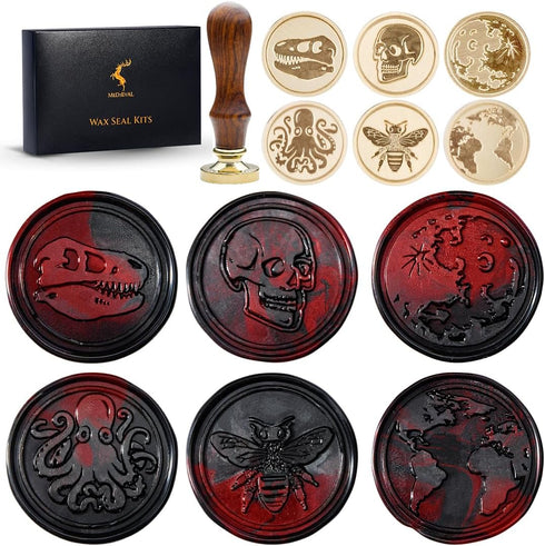Wax Seal Stamp Kit, Set of 6 Sealing Wax Stamp with Brass Head Wooden Handle (Moon & Sun World Map Dinosaur Skeleton Bumblebee Octopus Design)...