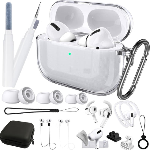 Clear for AirPods Pro Case 1st Cover 2019 Cleaning Pen Accessory Kit, 16 in 1 Set Transparent TPU Silicone Protective Case for AirPods Pro Chargin...