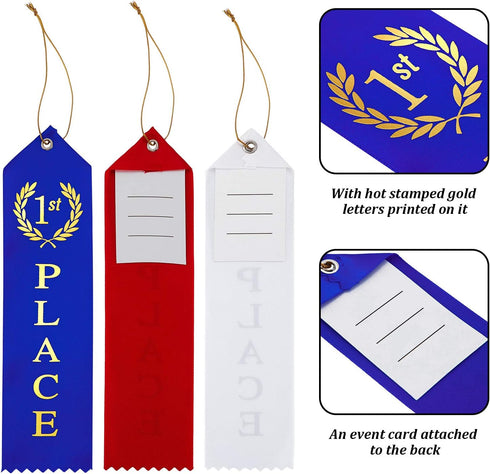 45 Pieces Award Ribbons 1st, 2nd, 3rd Place Flat Carded Set First Place Prizes with Event Card and Rope for Competition, Sports Event, School, Con...